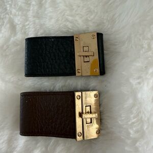 Elegant Black and Brown Leather Belt with Gold Buckle